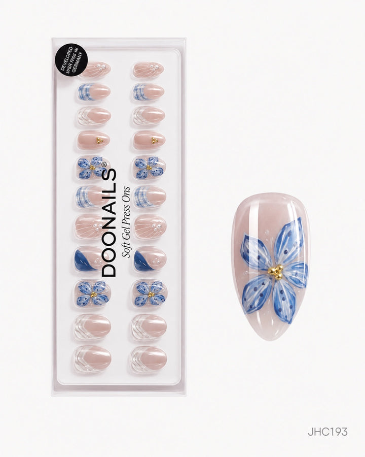 Blå blomster & skjellmønster – lang mandel – pakke – JHC193
