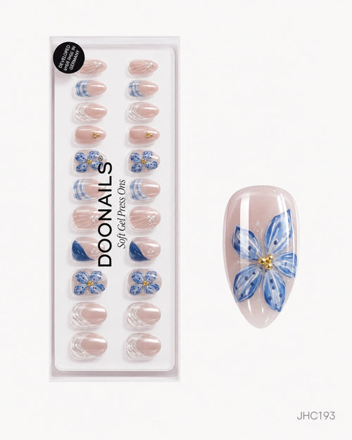 Blå blomster & skjellmønster – lang mandel