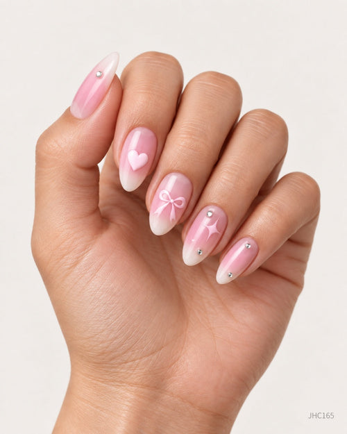 Rosa hjerter & rosetter – middels lang mandel