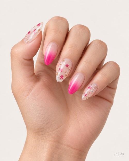 Rosa ombré & blomster – middels lang mandel
