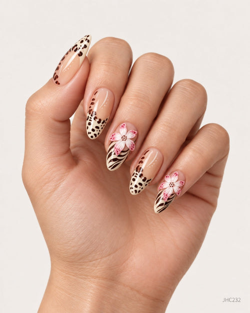 Leopard & rosa blomster – lang mandel