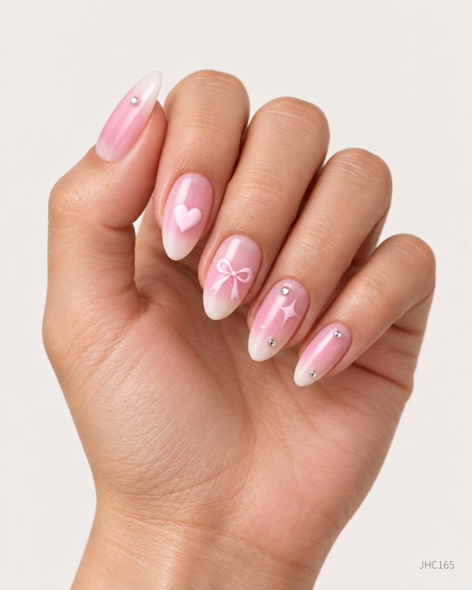 Rosa hjerter & rosetter – Middels lang mandel – JHC165