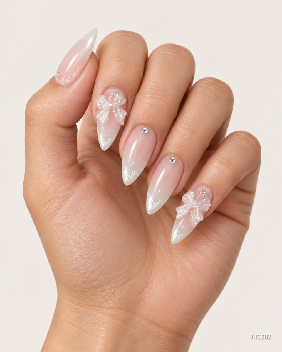 Hvit ombré & sløyfer – Lang mandel – JHC202