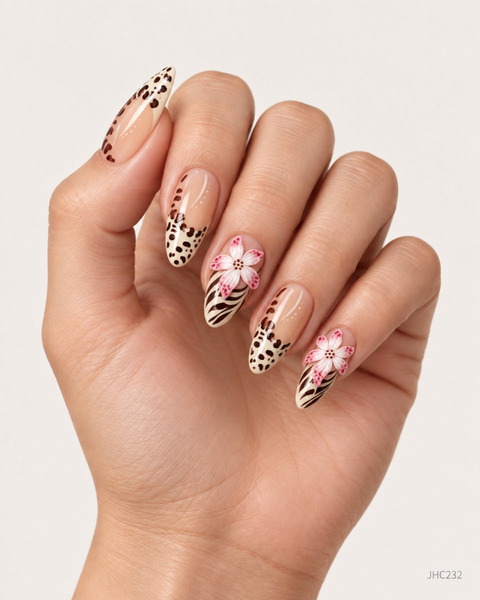Leopard & rosa blomster – Lang mandel – JHC232